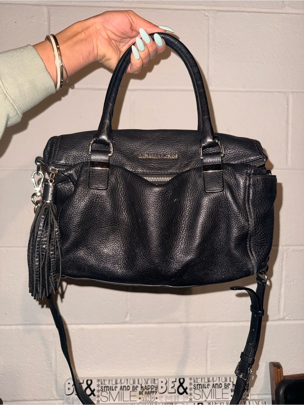 Michael Kors Black Leather Satchel with Tassel